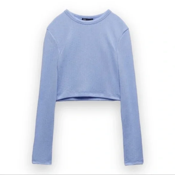 NWT ZARA TEXTURED CROP TOP BLUE Long Sleeves Round Neck Size L - Picture 3 of 6